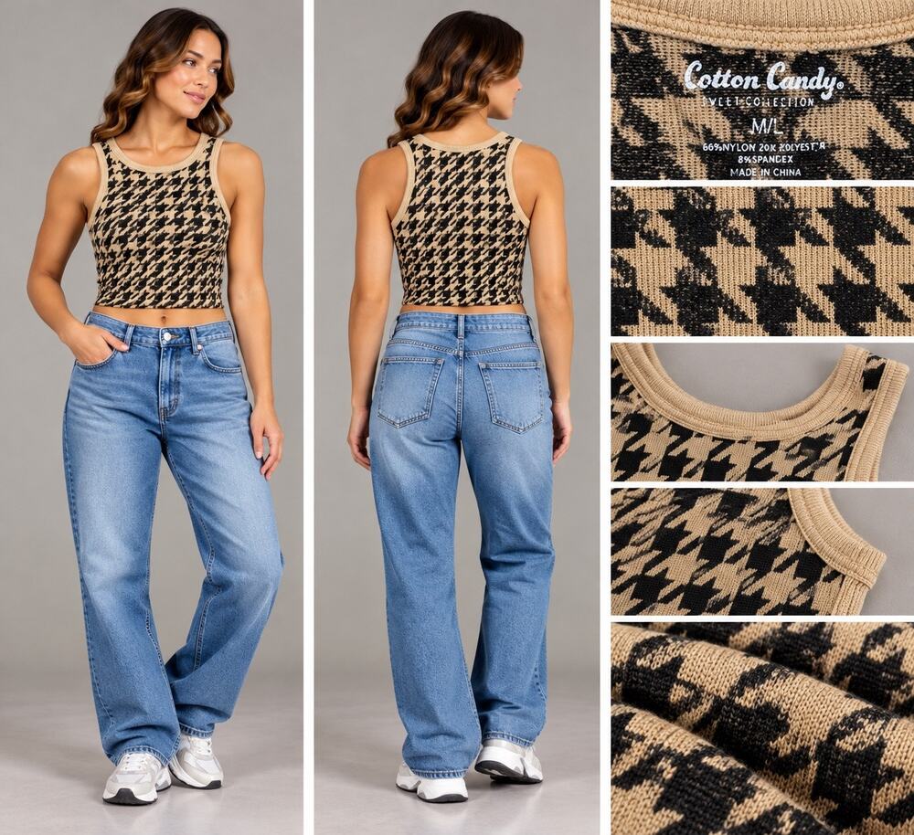 Cotton Candy Houndstooth Knit Crop Top Womens M/L Black Tan Y2K Preppy Tank